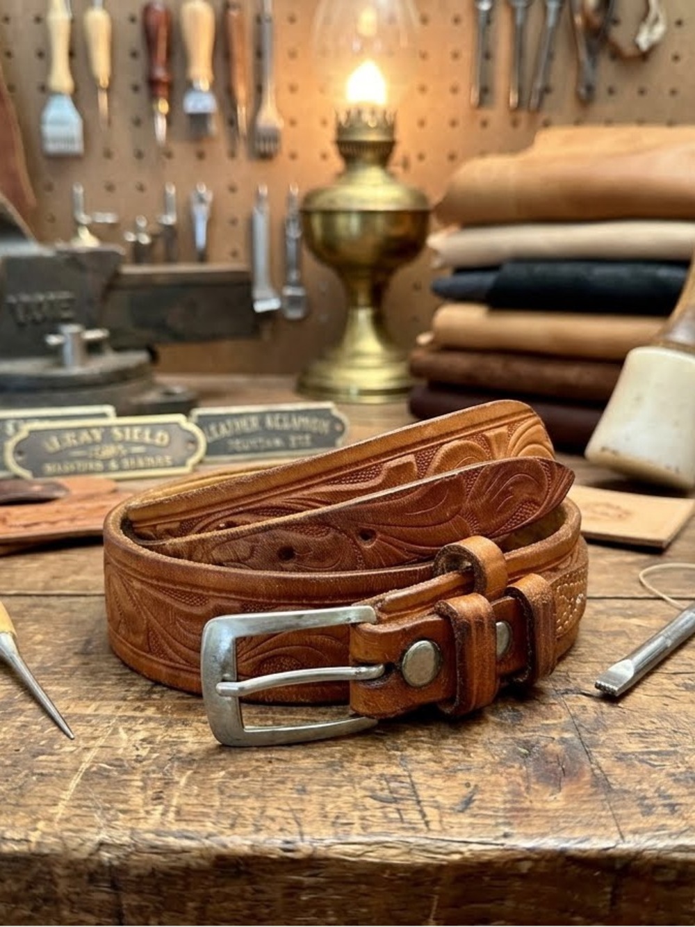 Vintage Looper Hand-Tooled Western Leather Belt Size 36 Genuine Steerhide 40x1.5